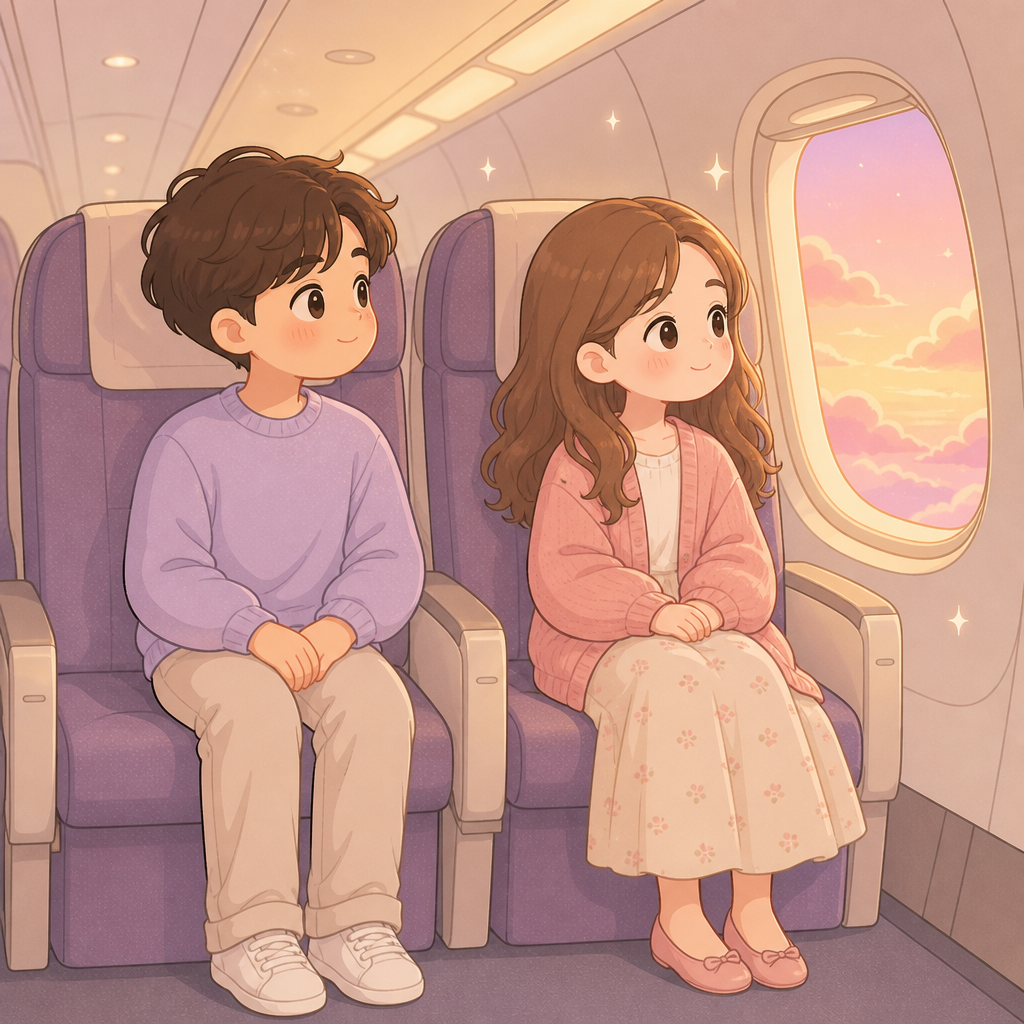 A cute couple looking out an airplane window